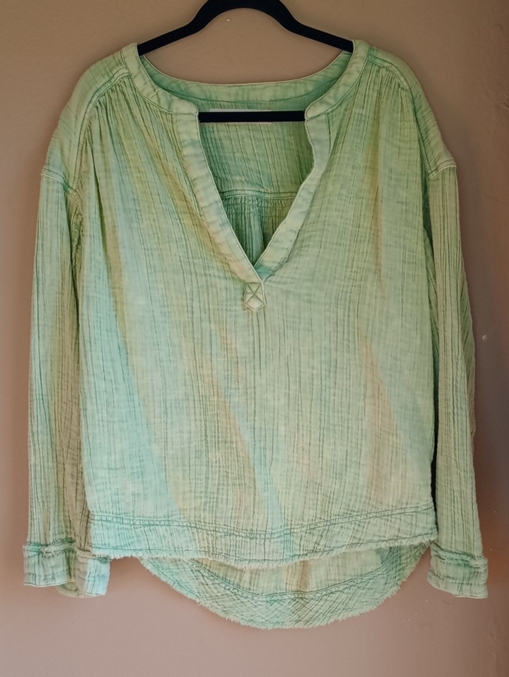 Free People Gossy Cotton Electric Faded Green Long Sleeve Boho Top Size M